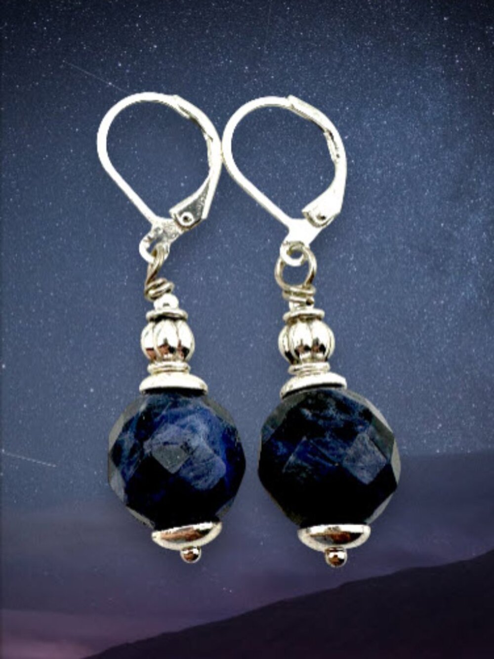 Faceted Sodalite Earrings Navy Blue Gemstones Sterling Silver Leverbacks